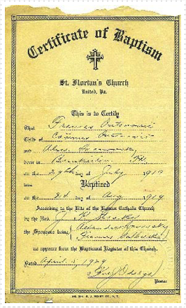 Bagdes Antonich Fran baptismal certificate